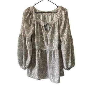 Emma & Olivia Long Puff Sleeve Gray Floral Boho Blouse Top Sz S NWT